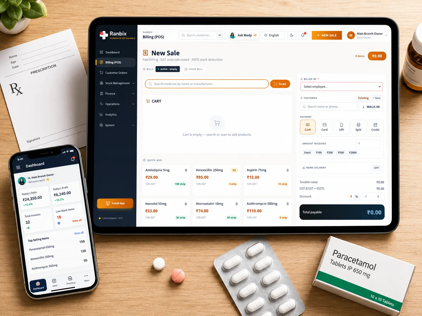 Monic Stores billing open on a tablet at a pharmacy counter, beside a prescription pad, a blister strip and a box of paracetamol